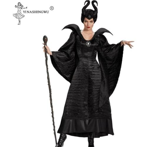 M-XL Plus Size Halloween Maleficent Cosplay Costumes Woman Scary Horror Clothing Set with Horns Black Queen Witch Clothing 5size