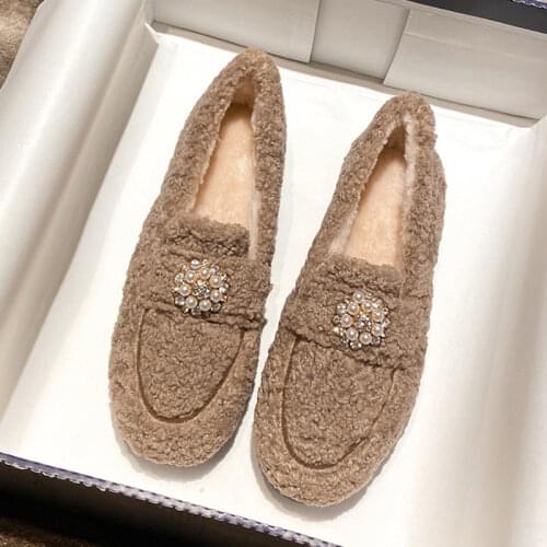 Winter High Quality Lamb Wool Keep Warm Womens Flat Shoes Pearl Flowers Slip-on Loafers Solid Color Fluffy Casual Ladies Shoes