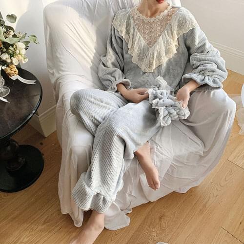 Woman Pajamas Winter Pyjamas Princess Sweet Sleepwear Long Sleeve Flannel Women Casual Pijamas Girl Home Clothing Warm
