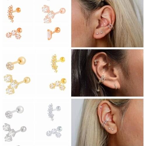 Aide 2021 Trend Mini Stud Earrings For Women Ear Bone Piercing 925 Sterling Silver Bling CZ Zircon Cartilage Ear Buckle Aretes