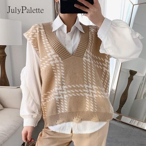 JulyPalette Y2K Plaid Sweater Vest Vintage Autumn 90s Tops Women Loose Knitted Vest Casual Streetwear Harajuku Knitwear 2021