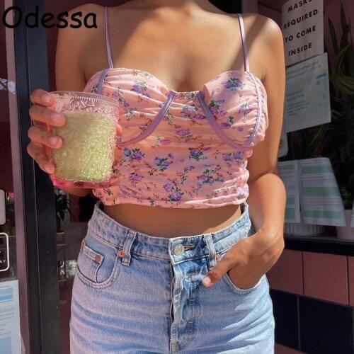 Odessa Summer Sexy Y2K Floral Print Ruched Cropped Corset Top Pink Women Sleeveless Wrap Backless Spaghetti Strap Tube Tank Tops