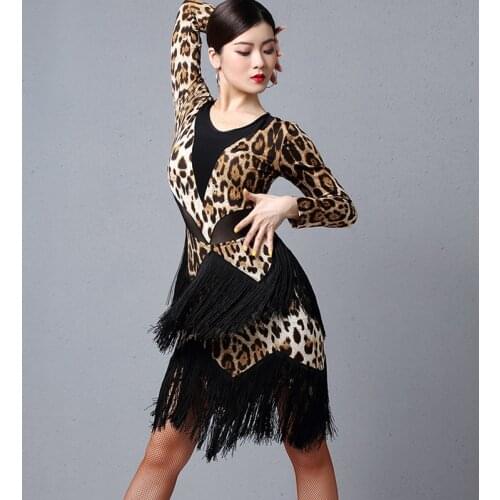 2020 New Latin Dance Practice Clothing Female New Long-Sleeved Leopard Tassel Dress Woman Ballroom Samba Performance Wear DL4714