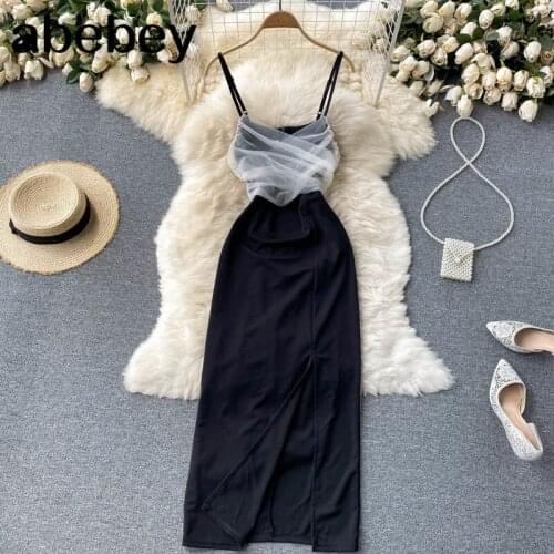 Women Korean Strap Dress Splice Mesh Sleeveless Slim Party Dresses 2021 Summer Sexy Off Shoulder Split Long Sundress