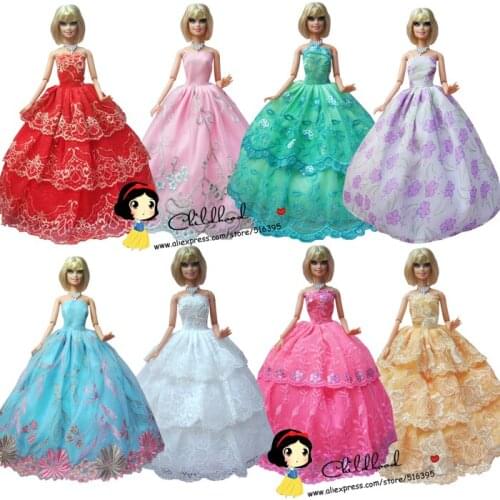 15items/lot =5dress+5 pair shoes+5 hangers princess Dress Gown dress For Barbie doll dress Girl Christmas Baby girl Toy Gift
