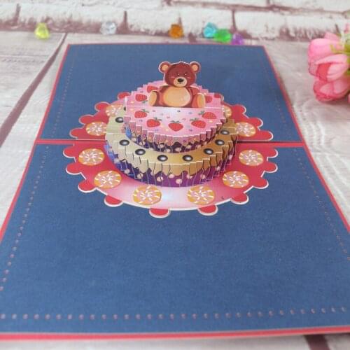 3D Handmade Cartoon Colorful Bear Birthday Cake Paper Invitation Greeting Cards PostCard Kids Birthday Party Creative Gift
