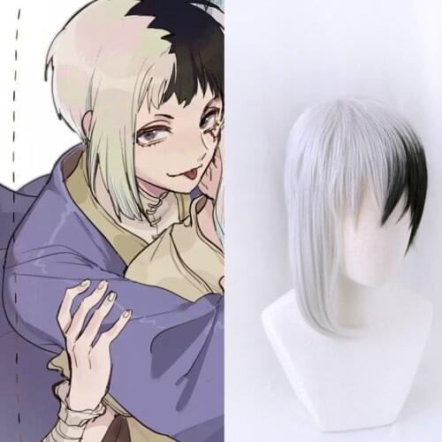 Anime Dr.Stone Cosplay Asagiri Gen Black White Costume Wig Heat Resistance Fiber Synthetic Hair + Wig Cap