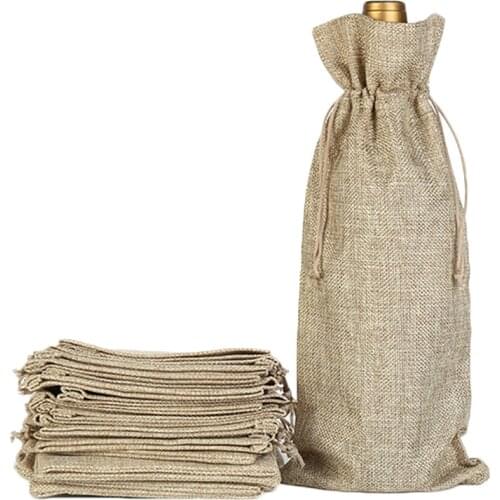 Linen Wine Bottle Covers With Drawstring 15*35cm Jute Wine Bag Holder Carrier For Gifting And Decorating Christmas Gift