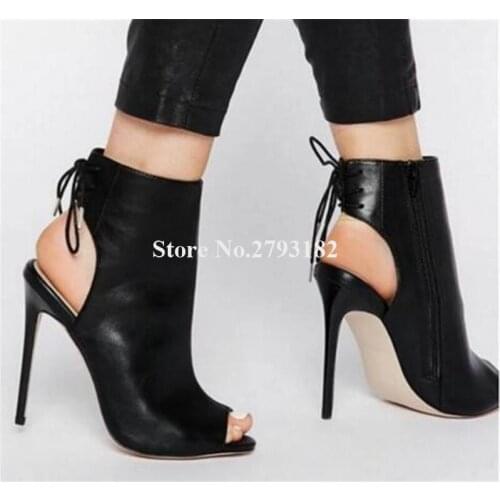 Autumn Fashion Peep Toe Pure Black Leather Stiletto Heel Short Gladiator Boots Cut-out Back Lace-up High Heel Ankle Booties
