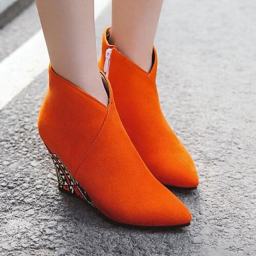 Womens Side Boots Zip Flock Ankle Bare Boots Wedges Casual Short Tube Booties Women Ankle Bare Boots Pointed Stiletto Heel