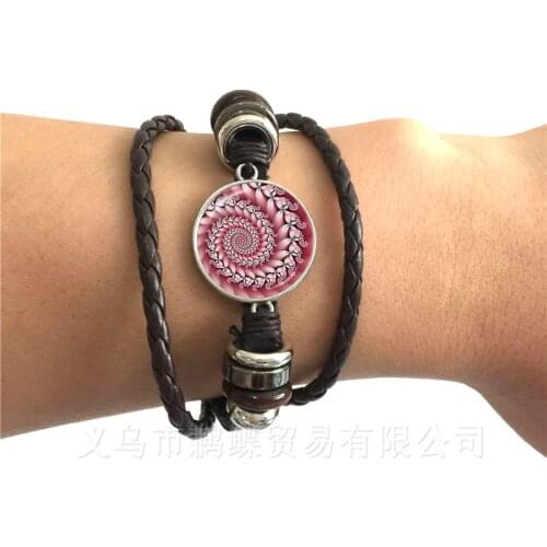Cabala Mandala Bracelet Flower Tree of Life Glass Cabochon Black/Brown Leather Bangles For Men Women Jewelry Creative Gift