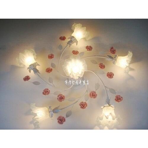 European-style garden living room Romantic Restaurants white wrought iron pink ceramic flowers glass lampshade Ceiling Lamp c131