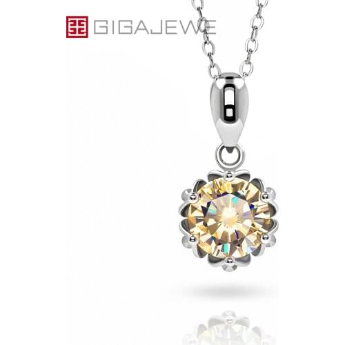 GIGAJEWE 1.0ct 6.5mm Champagne Round 18K White Gold Plated 925 Silver Necklace Moissanite Lotus Shape Jewelry Girlfriend Gift