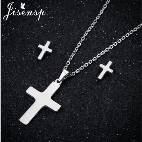 Jisensp Vintage Stainless Steel Jewelry Set Minimalist Cross Pendant Necklace Earrings for Women Men Christmas Jewelry Gift