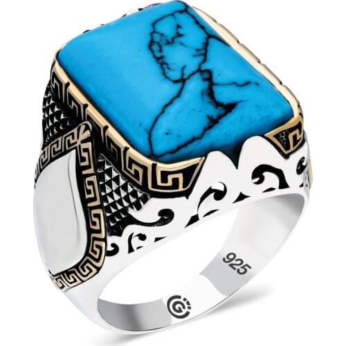 Solid 925 Silver Ring with Raw Rectangle Blue Turquoise Gemstone Made in Turkey Gifts for Men Gifts for Husband Gifts for Dad