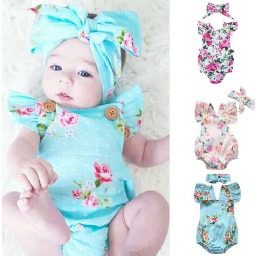 Newborn Headband Infant Baby Girl Floral Jumpsuit Baby Bodysuit Baby Girl Clothes Outfit