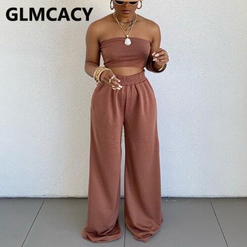 Two Piece Chic Streetwear Suits Tube Top & Wide Leg Loose Pants Set