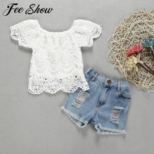 1-4Y Kids Baby Girls Summer Clothes Sets Outfits White Short Sleeve Lace T-shirt Tops Denim Shorts Toddler Girls Sets Outfits