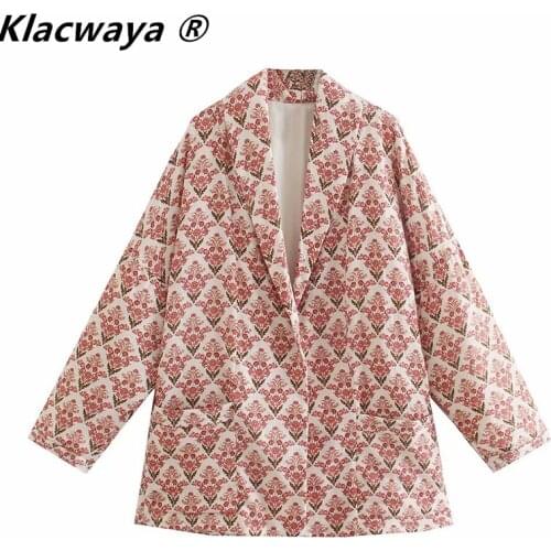 Klacwaya Women Fashion Floral Printed Quilted Jackets Vintage Collared Long Sleeve Overcoat Female New Autumn Streetwear Coat