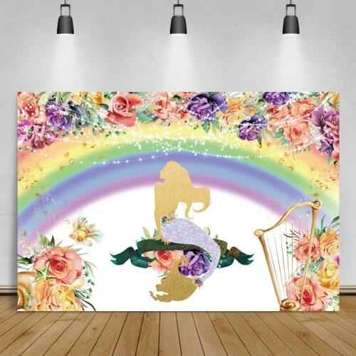 Laeacco Rainbow Mermaid Colorful Flower Baby Shower Birthday Photograohy Backdrop Child Portrait Personalized Photo Background