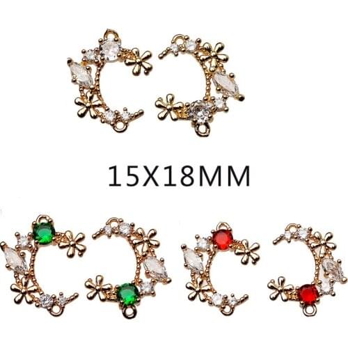 4p 18MM Brass with Colorful sparkling Zircon double Hole 24K Gold Color Plated Moon Charms Pendants for earring Jewelry Findings