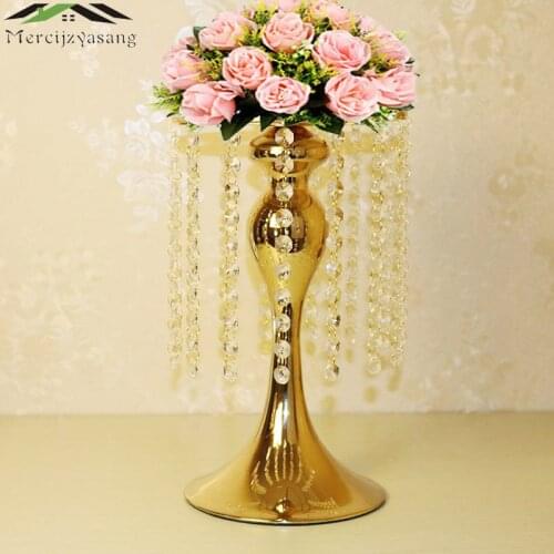Metal Flower Vase Crystal Candle Holders 34CM/13.6'' Gold Tabletop Table Centerpiece For Wedding Decoration 10PCS/LOT 01002