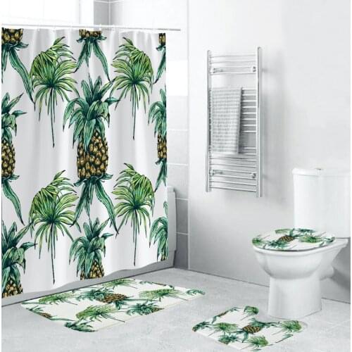 4 Piece Pineapple Orange Bath Curtain Set Food Summer Fruit Shower Curtain Toilet Cover Mat Non-Slip Bath Rug Set Bathroom Decor