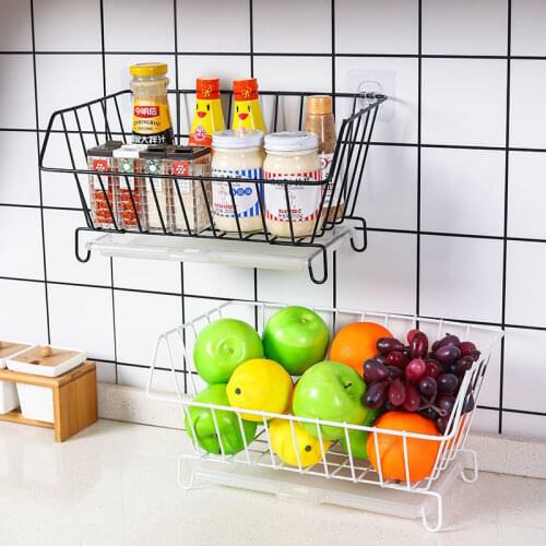 Kitchen Wall Hanging Storage Baskets Drain Organizer Dishes Drying Shelf Spice Racks Fruits Vegetables Holder Storage Container