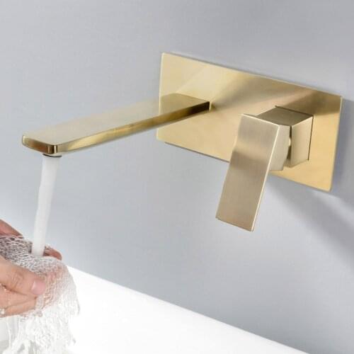 Wall Mounted Brushed Gold Brass Bathroom Basin Faucet Single Handle Hot And Cold Water Bathroom Sink Mixer Tap