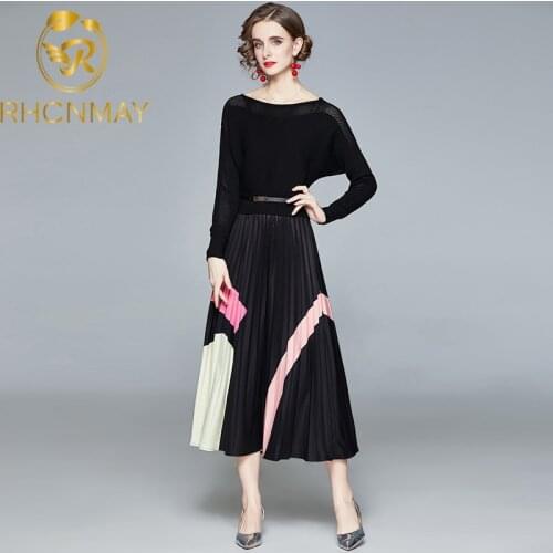 2020 New Korean Style Elegant Knitted Splicing Dresses Long sleeves Slim Frenulum Dresses Casual Temperament Pleated Dresses