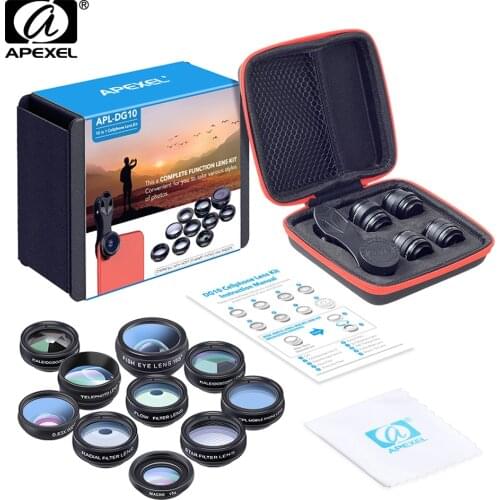 APEXEL 10in1 Phone Camera Lens For iphone 6s 7 8 X Xiaomi Samsung S8 S7 Smartphone 2X Telescope Fish eye Wide Angle macro Lentes