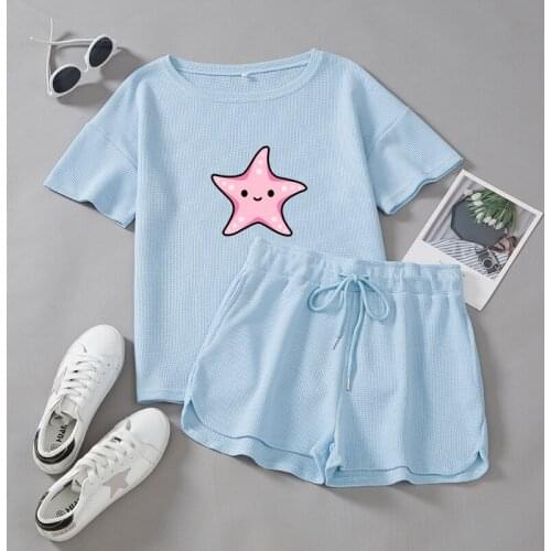 New 2021 Print Pyjama Set Short Sleeve Sleepwear Suit Women Nightshirt Sets Summer Women Comfortable Starfish Cute Pajama Girl