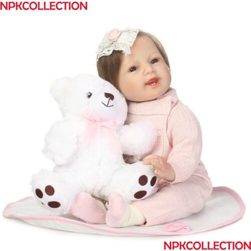 Adorable bebe girl reborn 22"NPK silicone baby reborn dolls with bear plush doll new rooted hair bonecas reborn child gift toys