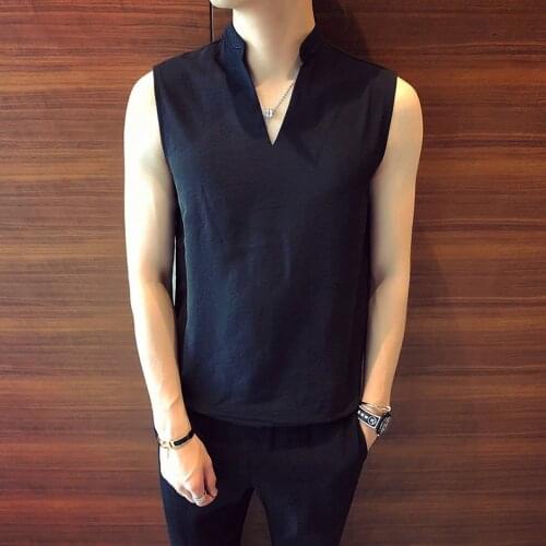 2021 Summer Elegant Black Sleeveless Shirts White Vertical Stand V Collar Sexy Stretch Clothing Mens Pullover For Teens Blouse
