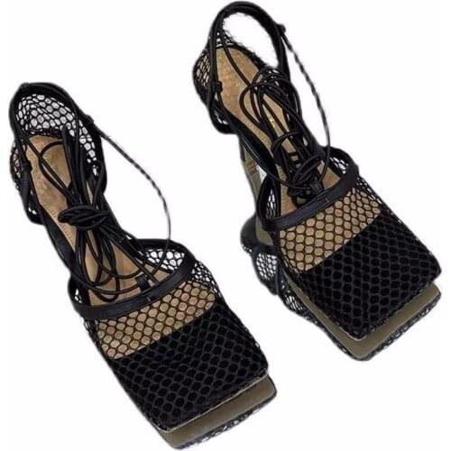 2021 New Net Mesh High heel Sandals Women square toe Ankle Strap Gladiator sandals Summer Sandals Sexy lace up Party Shoes Woman