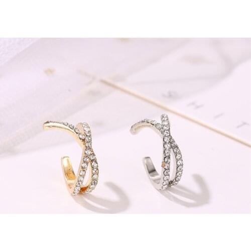 Rhinestones Crossed C Shape Earclips For Women Girls non pierced Korean Clip Earrings Daily Party Wedding Fashion Jewelry