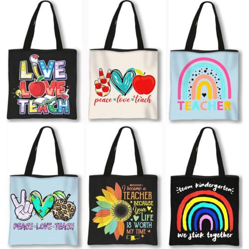 Love To Teach Tote Bags Rainbow Teacher Women Shoulder Bag for Travel Girls Handbag Large Capacity Storage Shopping Bags Gift