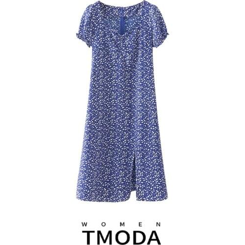 TMODA1381 ZA 2021 Summer Women French Style Blue Flowers Dress Puff Short Sleeve Ladies Chic Midi Dress Vestidos Female