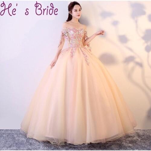 Evening Dress Champange Short Sleeves Lace Up Back Ball Gown Floor Length Tulle Lace Flowers Party Quinceanera Prom Dress