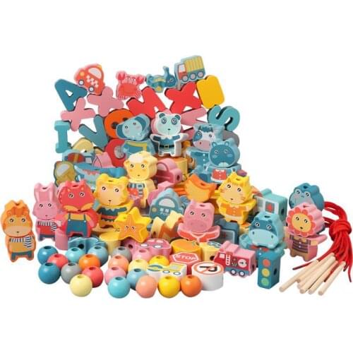 Colorful Wooden Beads Sets send Rope Education Cognition Animal/Traffic/Fruit/Digital/Letter/Threading Beads Kids DIY Toys