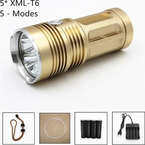 High Bright 5000LM 5 x XM-L T6 LED Flashlight 3 Modes Torch Camping Light Lamp 4 x 18650 batteries AC Charger