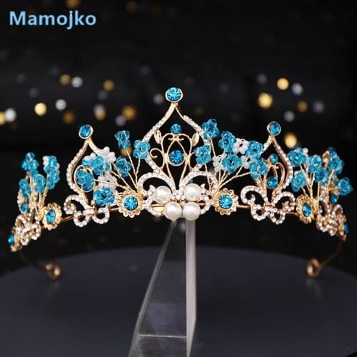 Mamojko Baroque Royal Queen Crown Colorful Blue Crystal Rhinestone Stone Wedding Tiara for Women Costume Bridal Hair Accessories