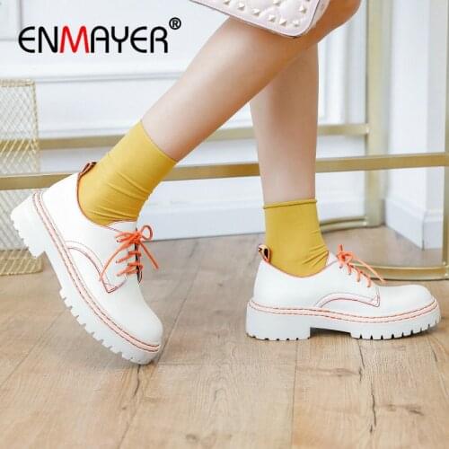 ENMAYER 2020 Womens Shoes Casual Lace-Up Genuine Leather Women High Heels Basic Platform Heels Retro Ladies Shoes High Heels