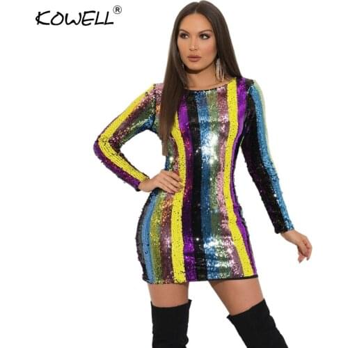 Woman Colorful Sequine Striped Mini Dress O Neck Long Sleeve Package Hip Sexy Bodycon Dress Backless Clubwear Outfit Party Dress