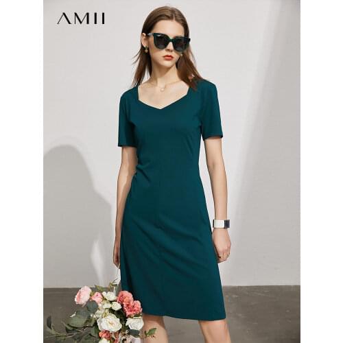 Amii Minimalism Summer Dress For Women Offical Lady Solid Square Collar Aline Knee-length Green Causal Womens Dress 12130215