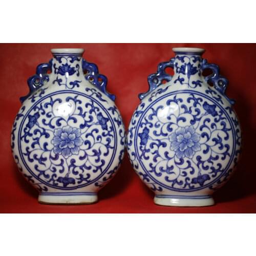 1pair Rare Antique fine Chinese beautiful Blue and white Porcelain flat Vase