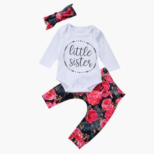 Baby Clothing Newborn Toddler Baby Girls Tops Letter Romper +Flower Pants +Bow Headband 3Pcs Outfits Set Clothes
