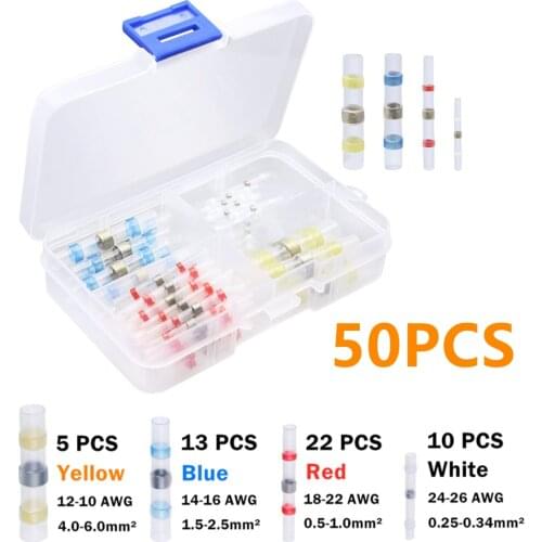 50/30Pcs Solder Seal Wire Connectors Heat Shrink Solder Butt Connectors Automotive Marine Insulated Solder Connector Kit
