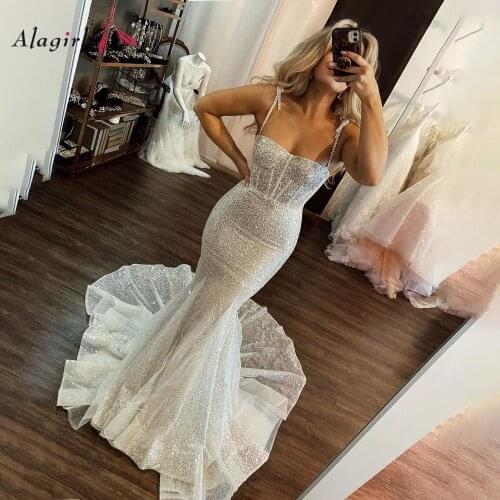 Alagirls Sparkly Mermaid Wedding Dress Sexy Spaghetti Strap Wedding Dresses Court Train Wedding Party Dress 2021 Bridal Dresses