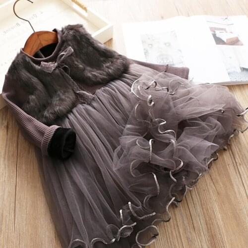 Fake two winter baby girl warm mesh stitching dress kids casual birthday party princess dress